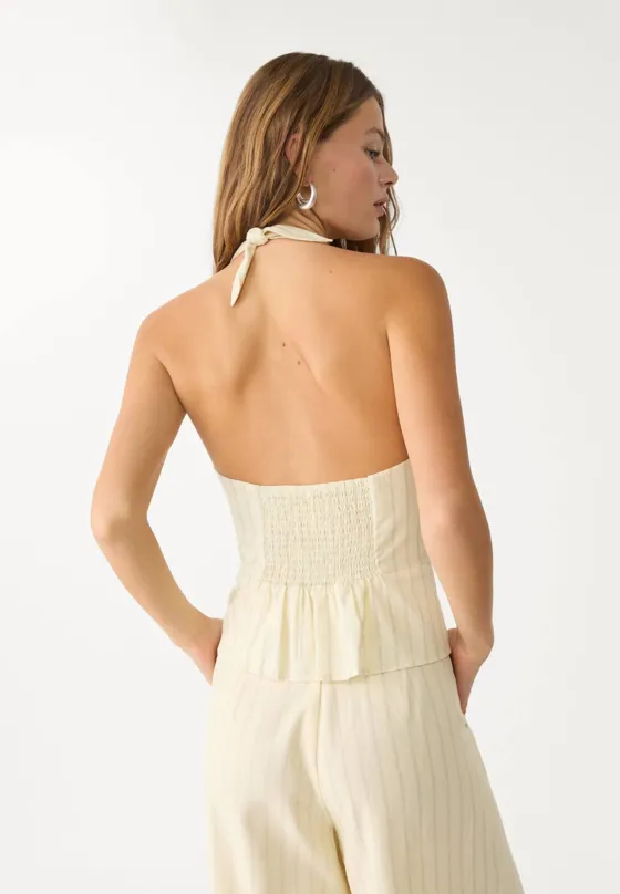 Топ из смесового льна с горловиной халтер и пуговицами