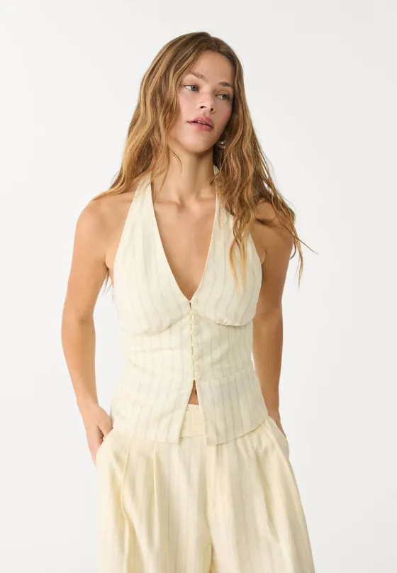 Топ из смесового льна с горловиной халтер и пуговицами