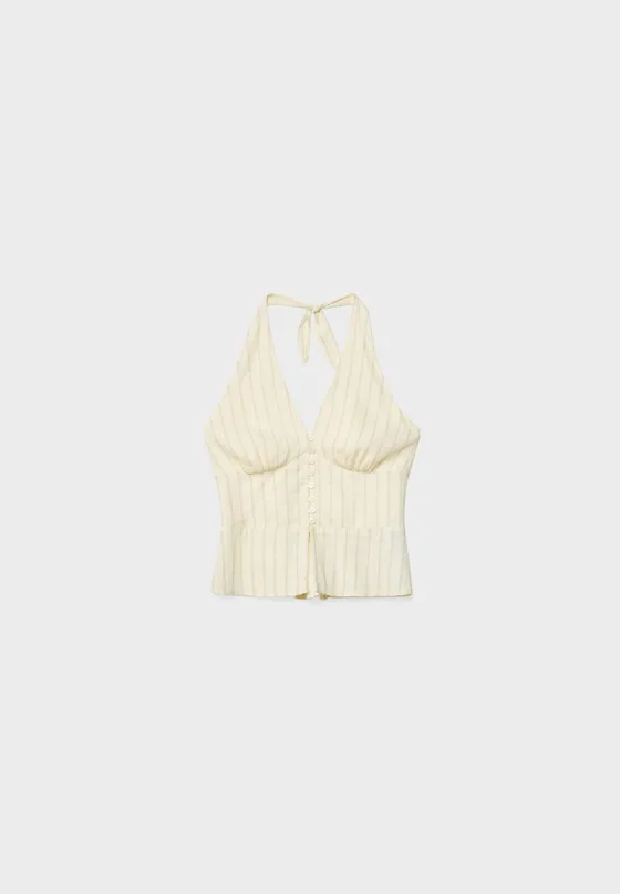 Топ из смесового льна с горловиной халтер и пуговицами