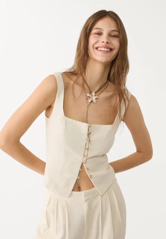 Топ из смесового льна на бретелях с пуговицами