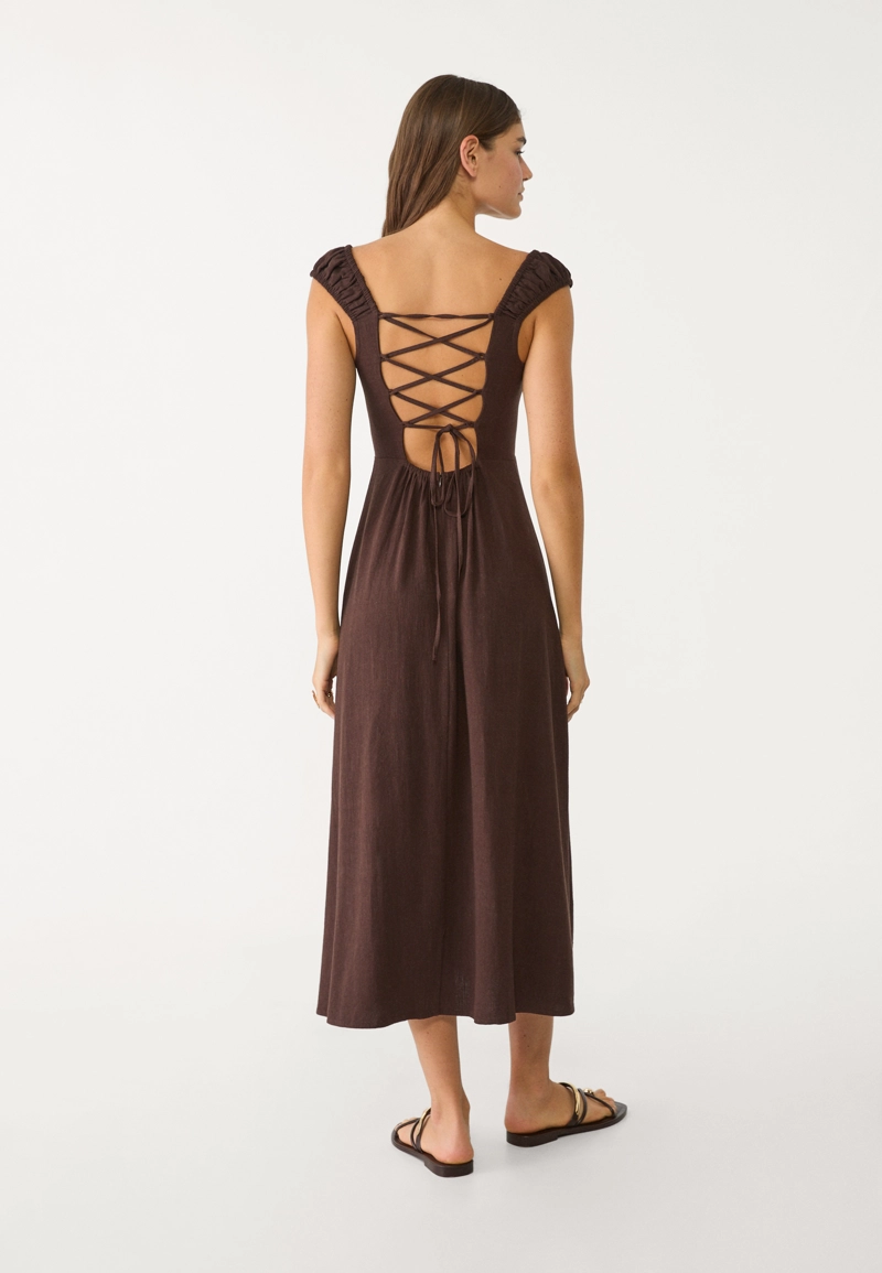 Платье миди из струящегося смесового льна с завязками сзади
