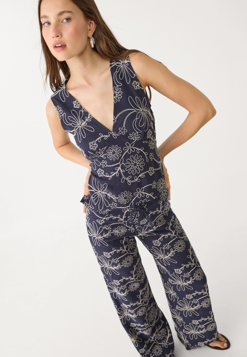 Брюки прямого кроя из смесового льна с вышивкой