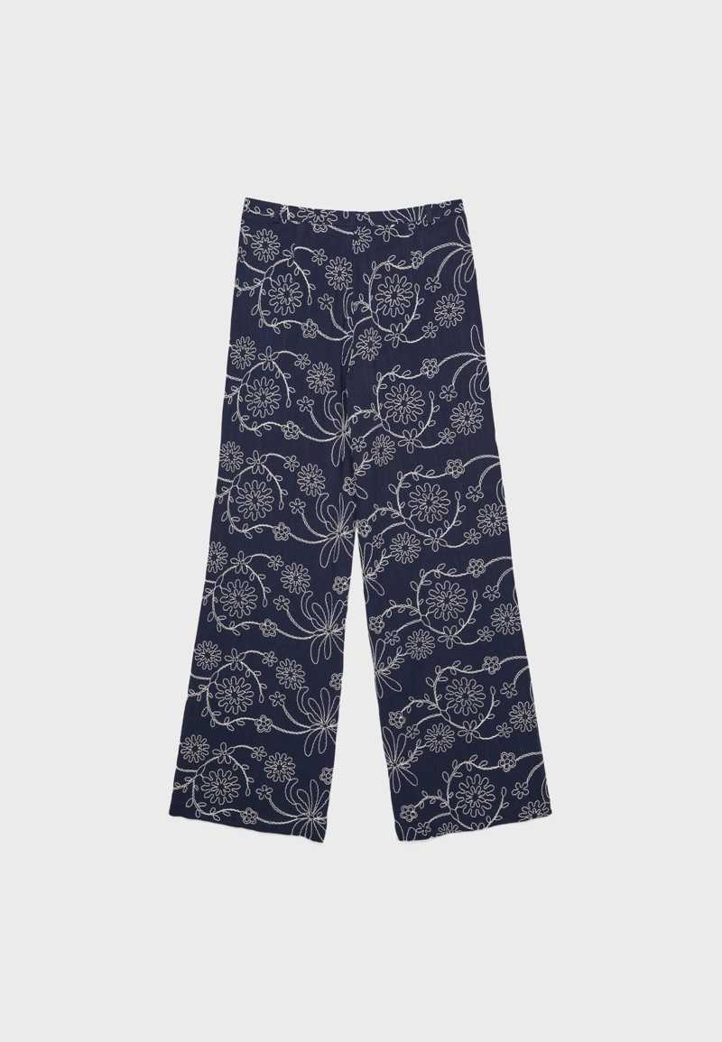 Брюки прямого кроя из смесового льна с вышивкой