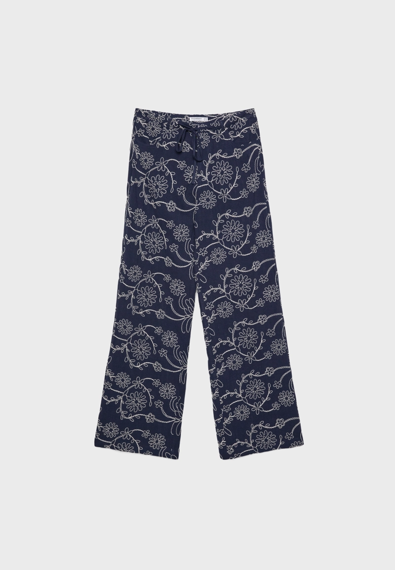 Брюки прямого кроя из смесового льна с вышивкой