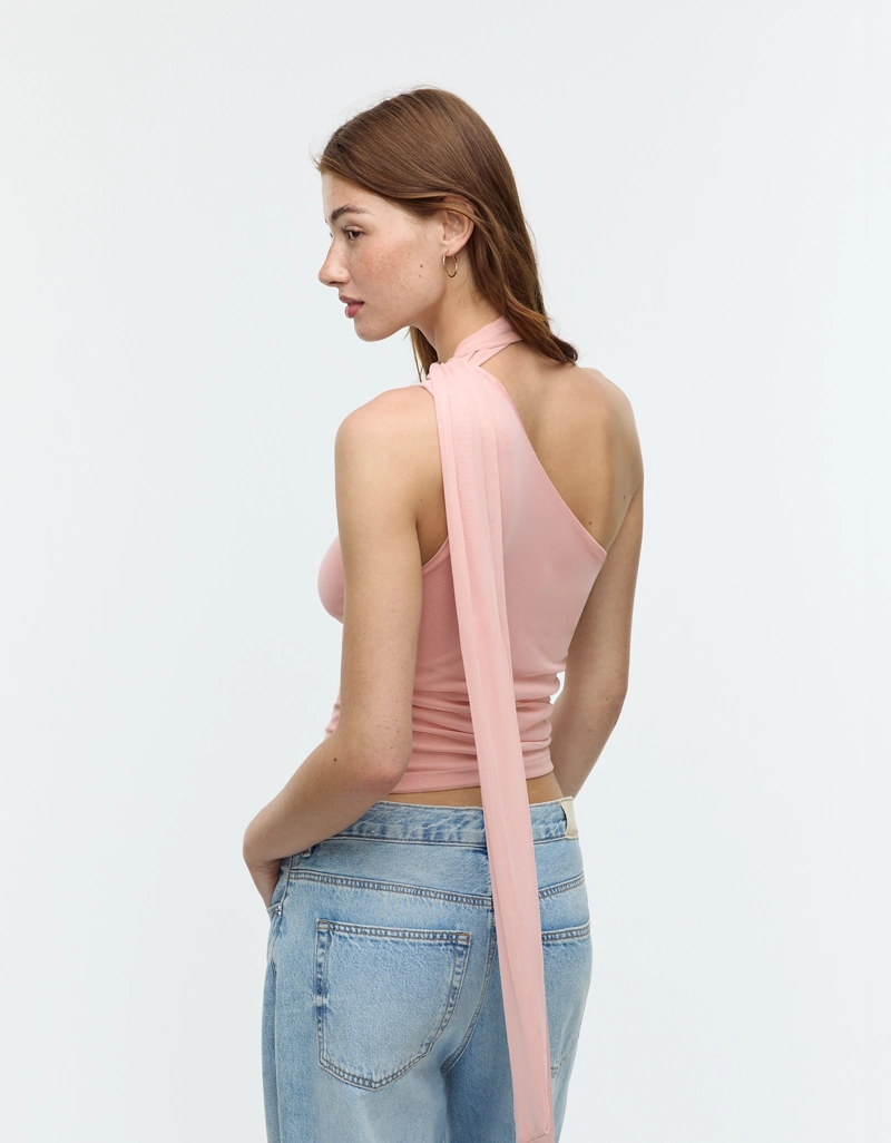 Топ из полупрозрачной ткани асимметричного кроя с шарфом