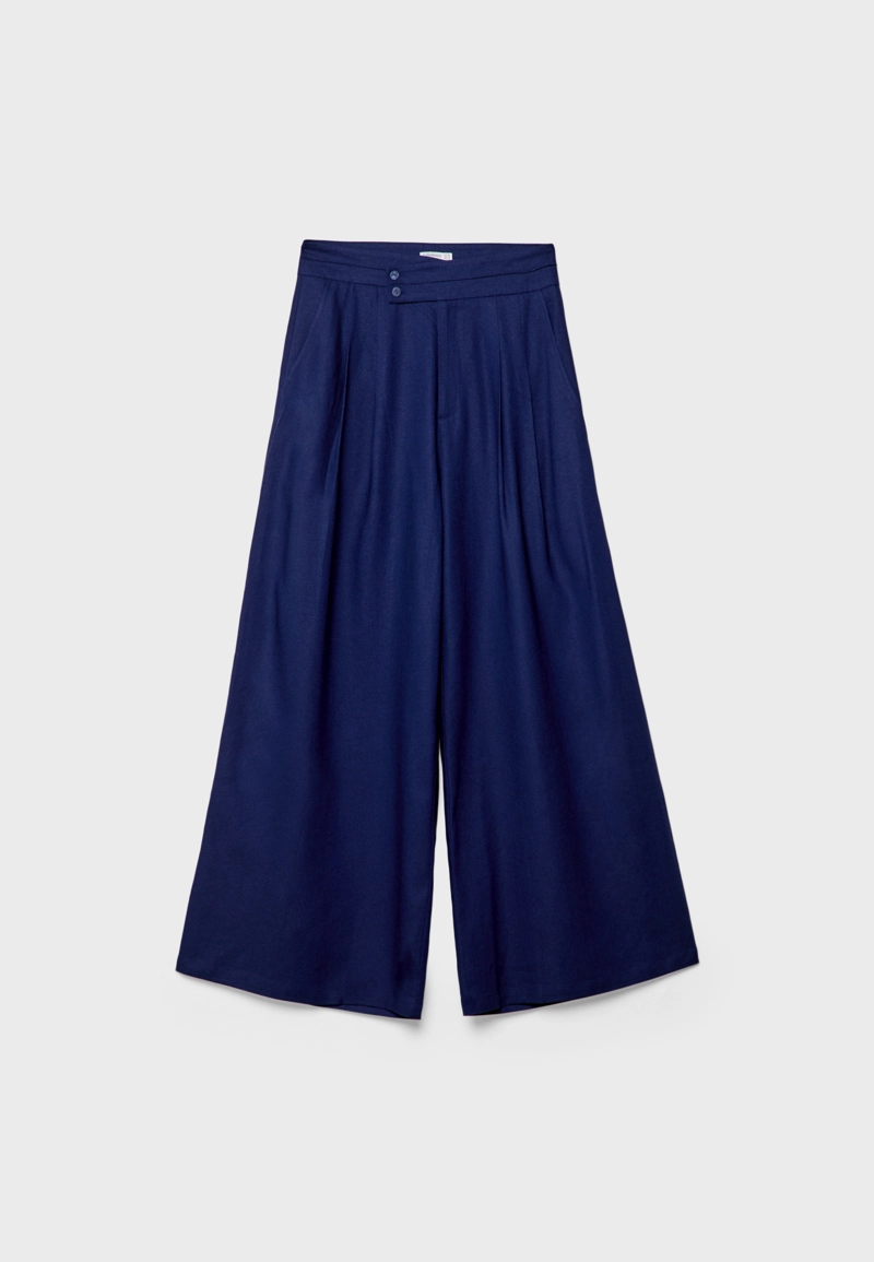 Брюки свободного кроя из смесового льна с защипами