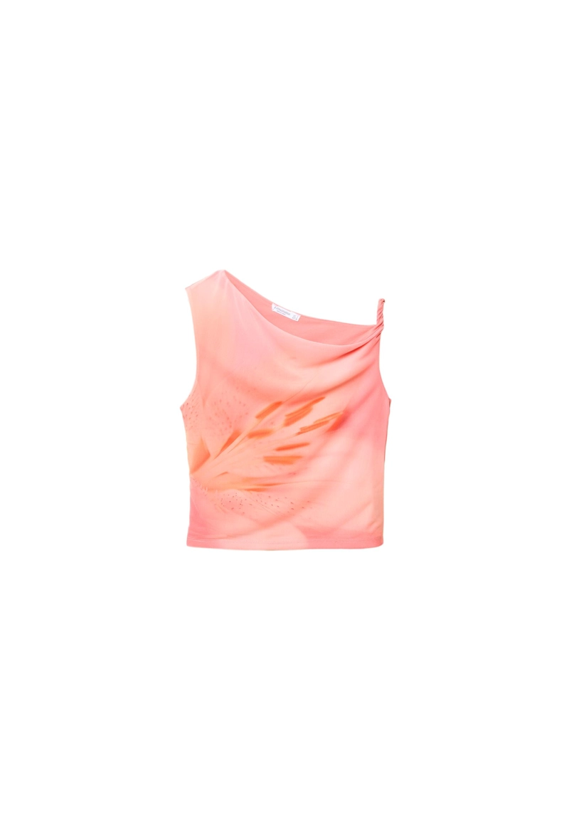 Футболка асимметричного кроя из полупрозрачной ткани с принтом