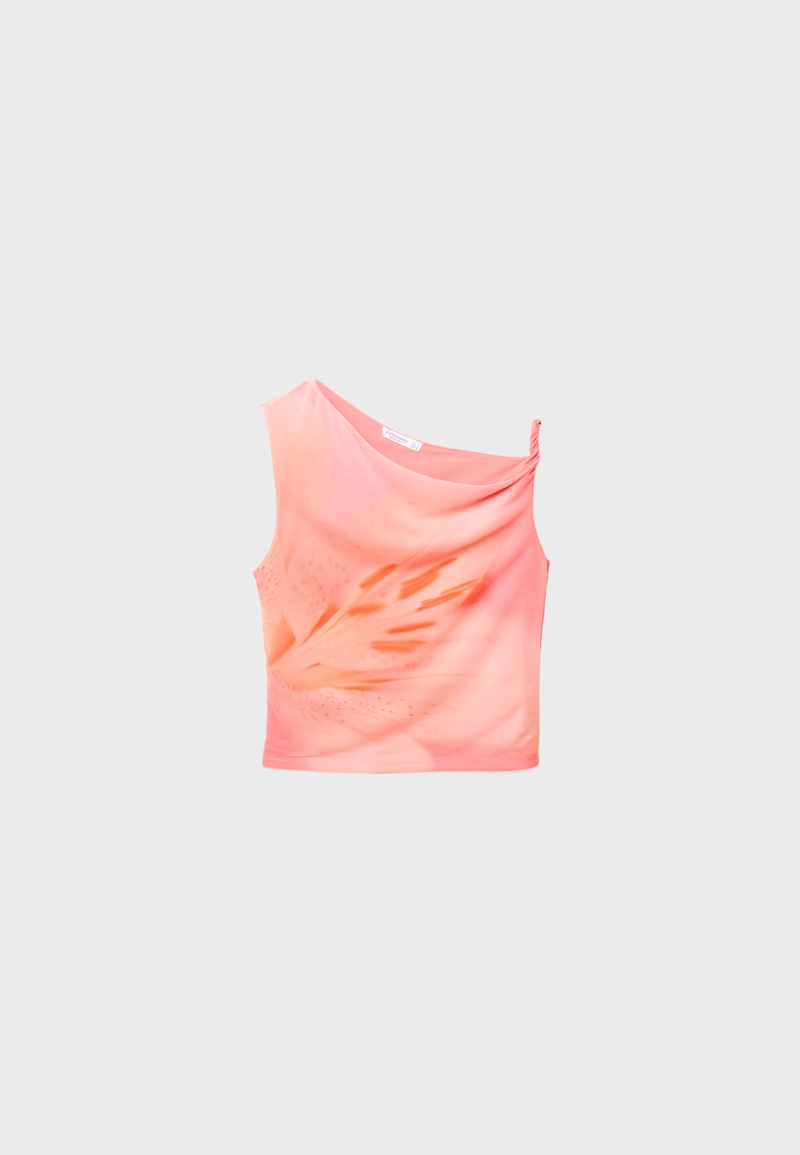 Футболка асимметричного кроя из полупрозрачной ткани с принтом