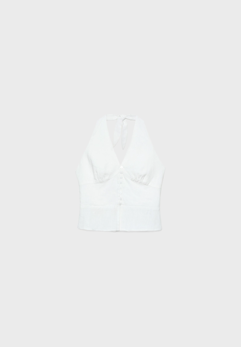 Топ из смесового льна с горловиной халтер и пуговицами