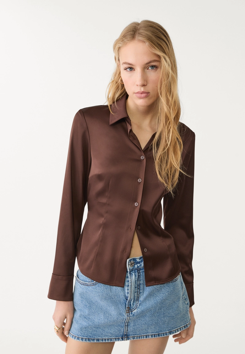 Блузка из атласа приталенная l02002554