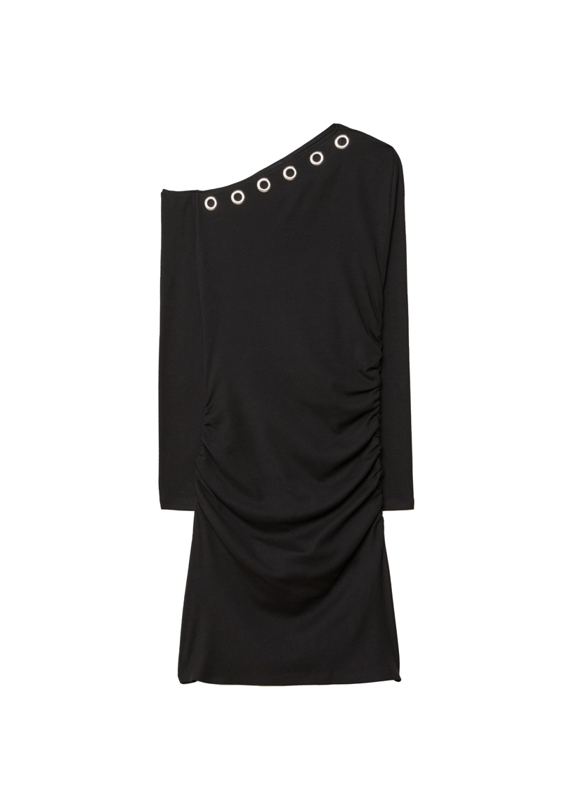 Короткое асимметричное платье с люверсами