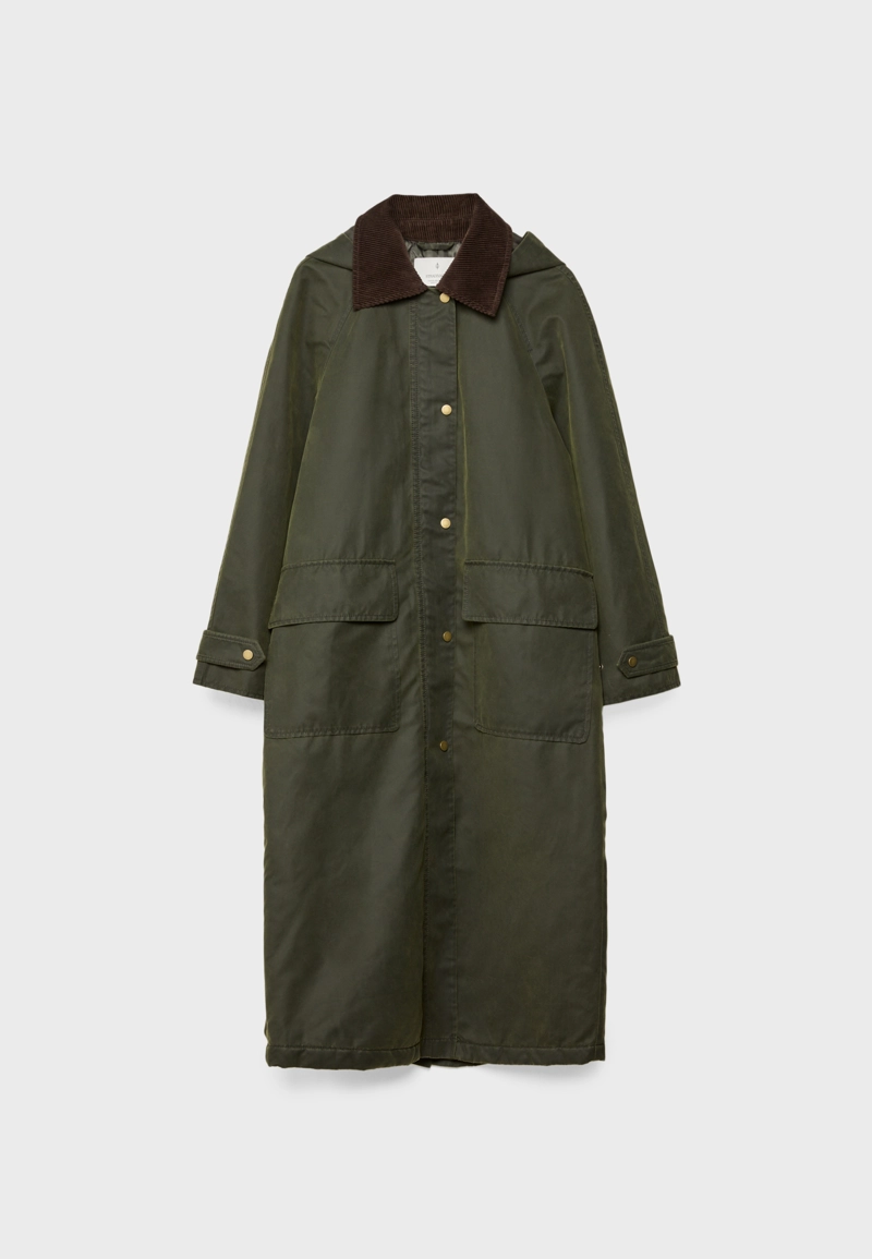 Длинная парка с вощеным покрытием и съемным капюшоном