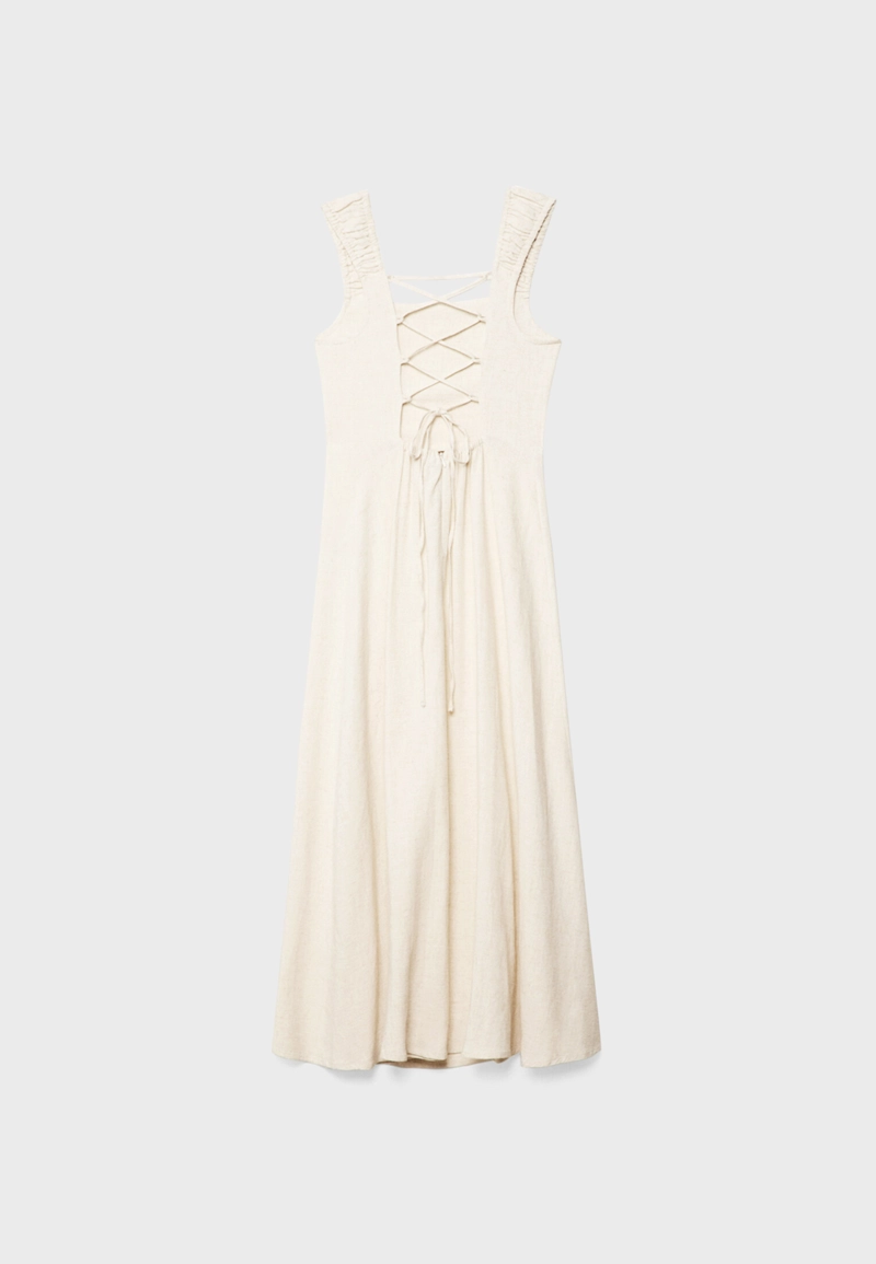 Струящееся платье миди с перекрестной спинкой и льном