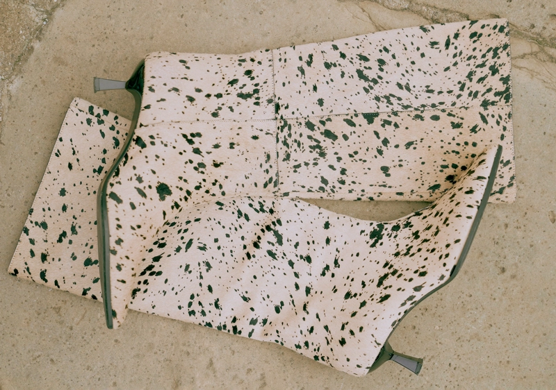 Сапоги на каблуке с меховым животным принтом выше колена