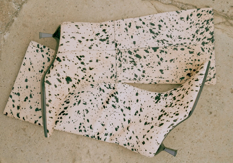 Сапоги на каблуке с меховым животным принтом выше колена