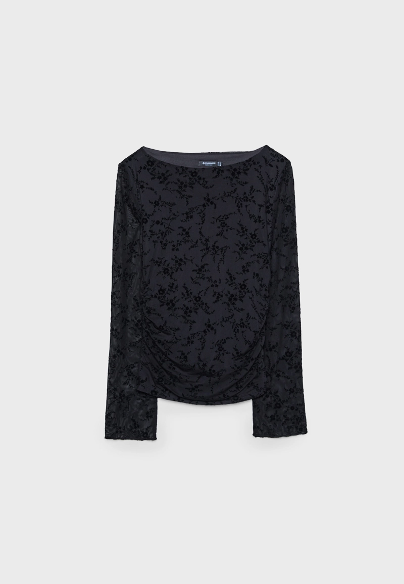 Полупрозрачная футболка со сборками и флоком