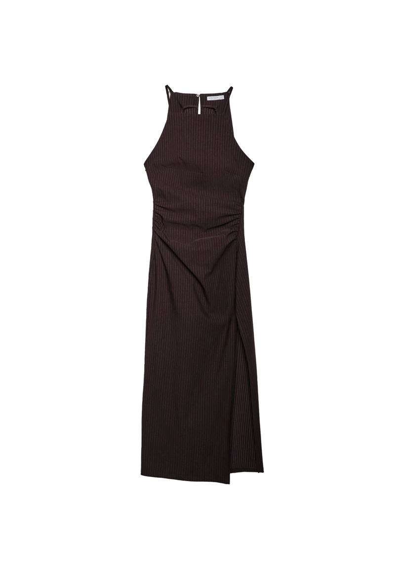 Полосатое платье миди с горловиной халтер