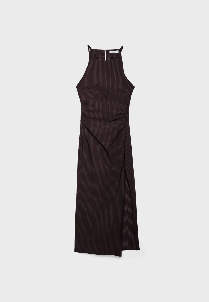 Полосатое платье миди с горловиной халтер