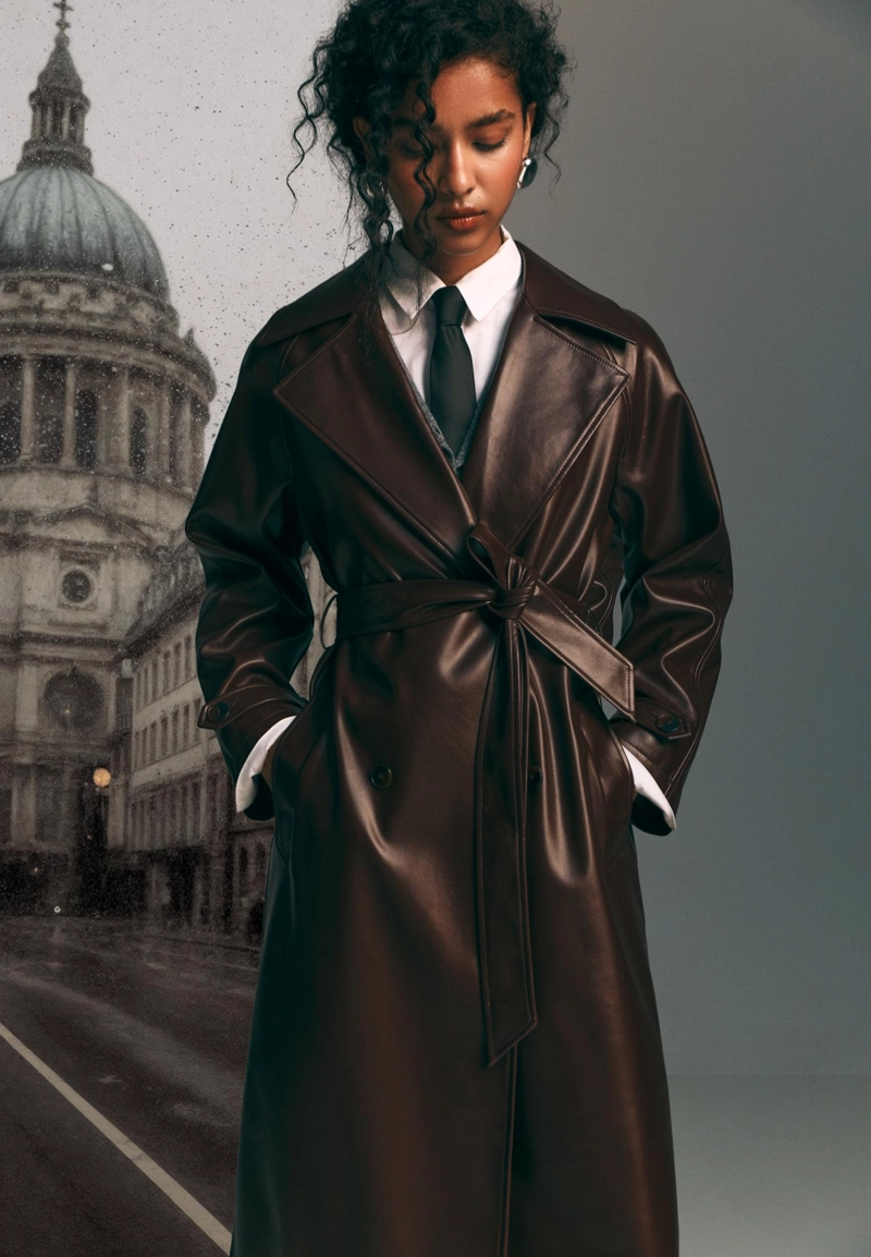 Длинный тренч из искусственной кожи