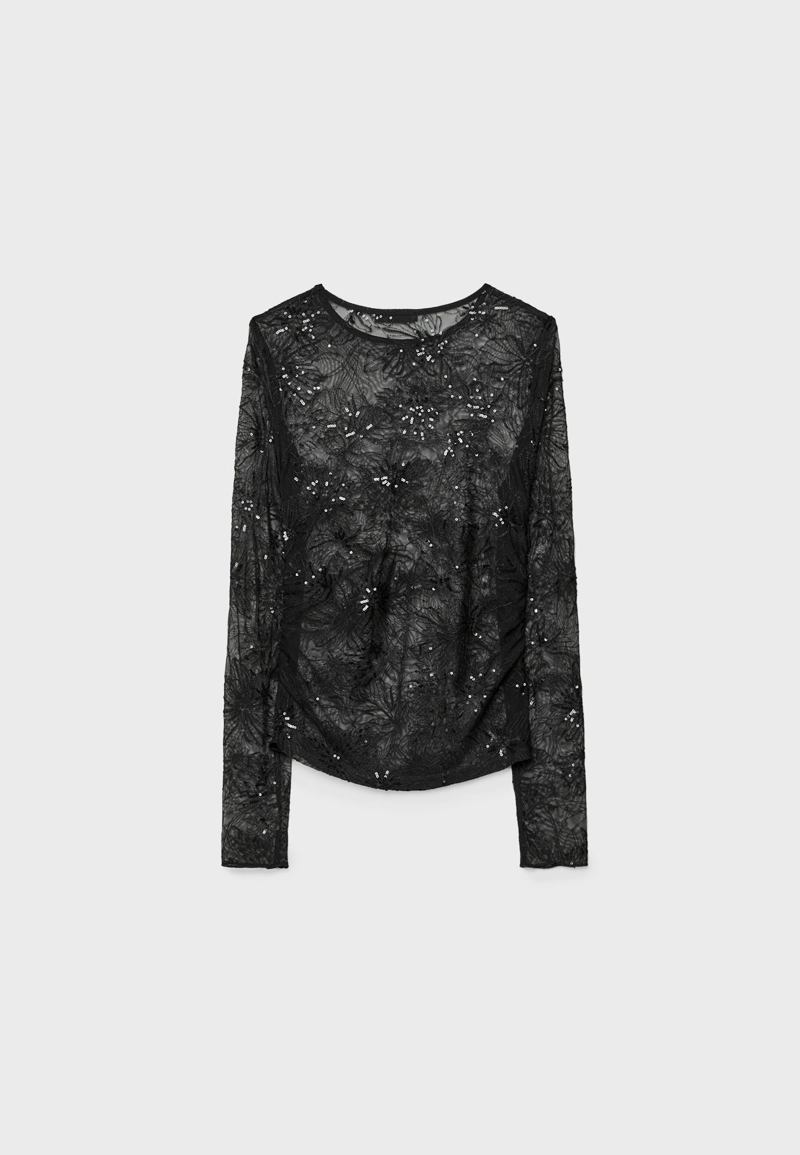 Полупрозрачная футболка со сборками и блестящей отделкой