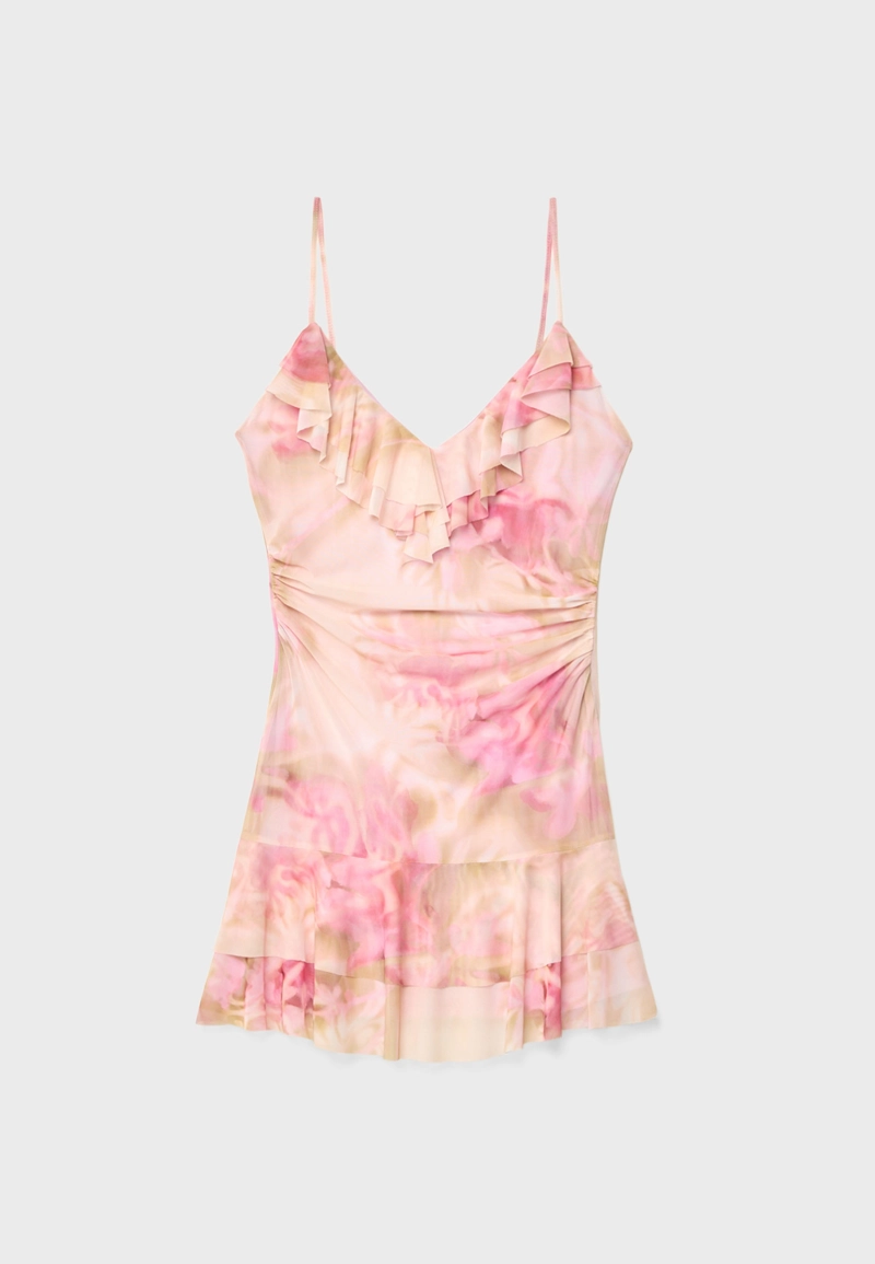 Короткое платье из полупрозрачной ткани с воланами и принтом