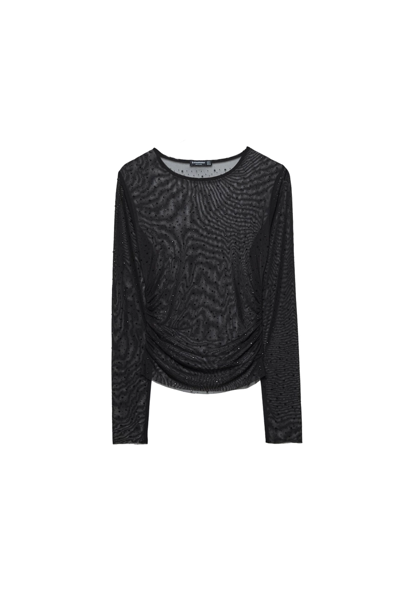 Полупрозрачная футболка с блестящей отделкой и сборками