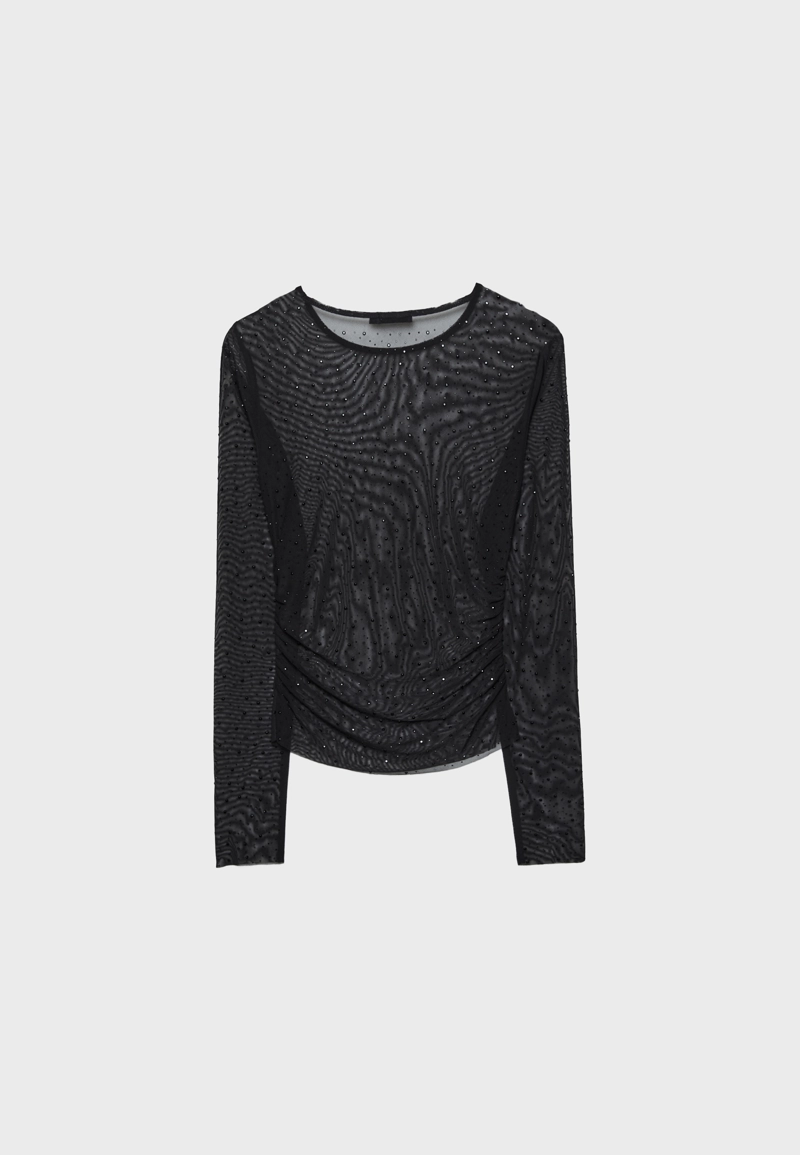 Полупрозрачная футболка с блестящей отделкой и сборками