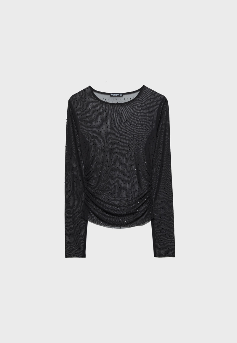 Полупрозрачная футболка с блестящей отделкой и сборками