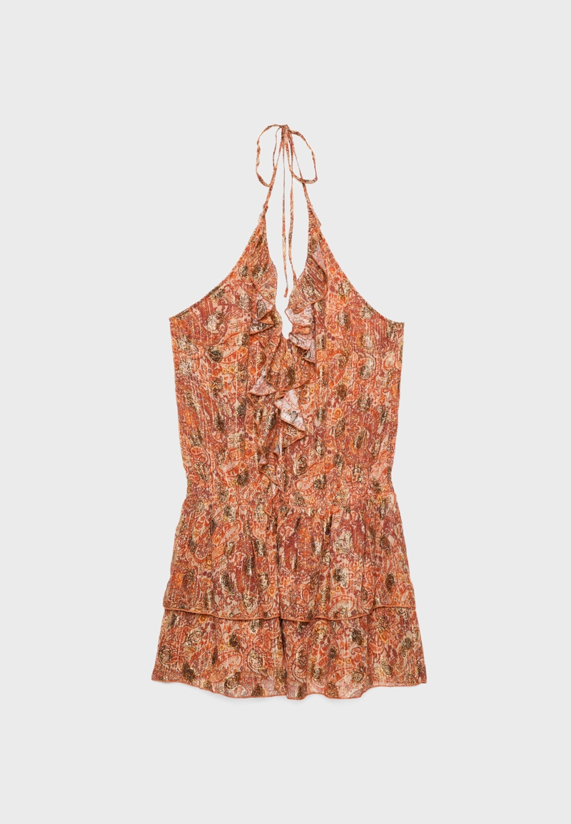 Короткое струящееся платье с принтом и горловиной халтер