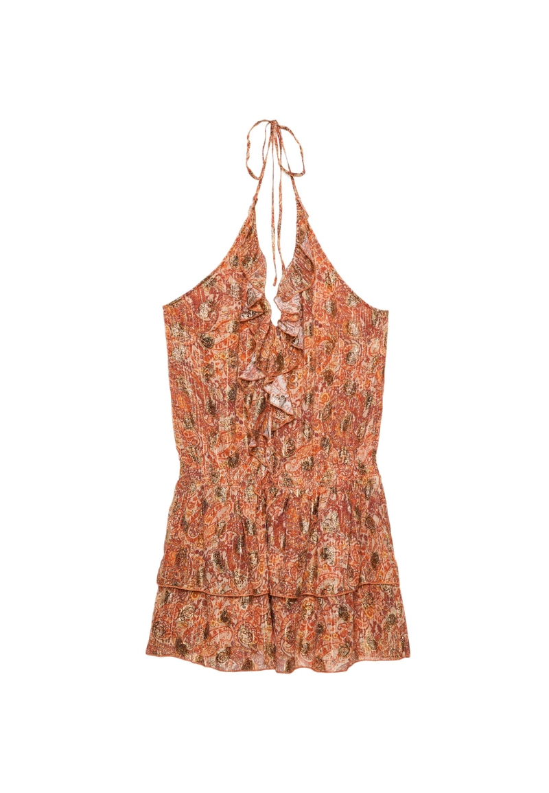 Короткое струящееся платье с принтом и горловиной халтер