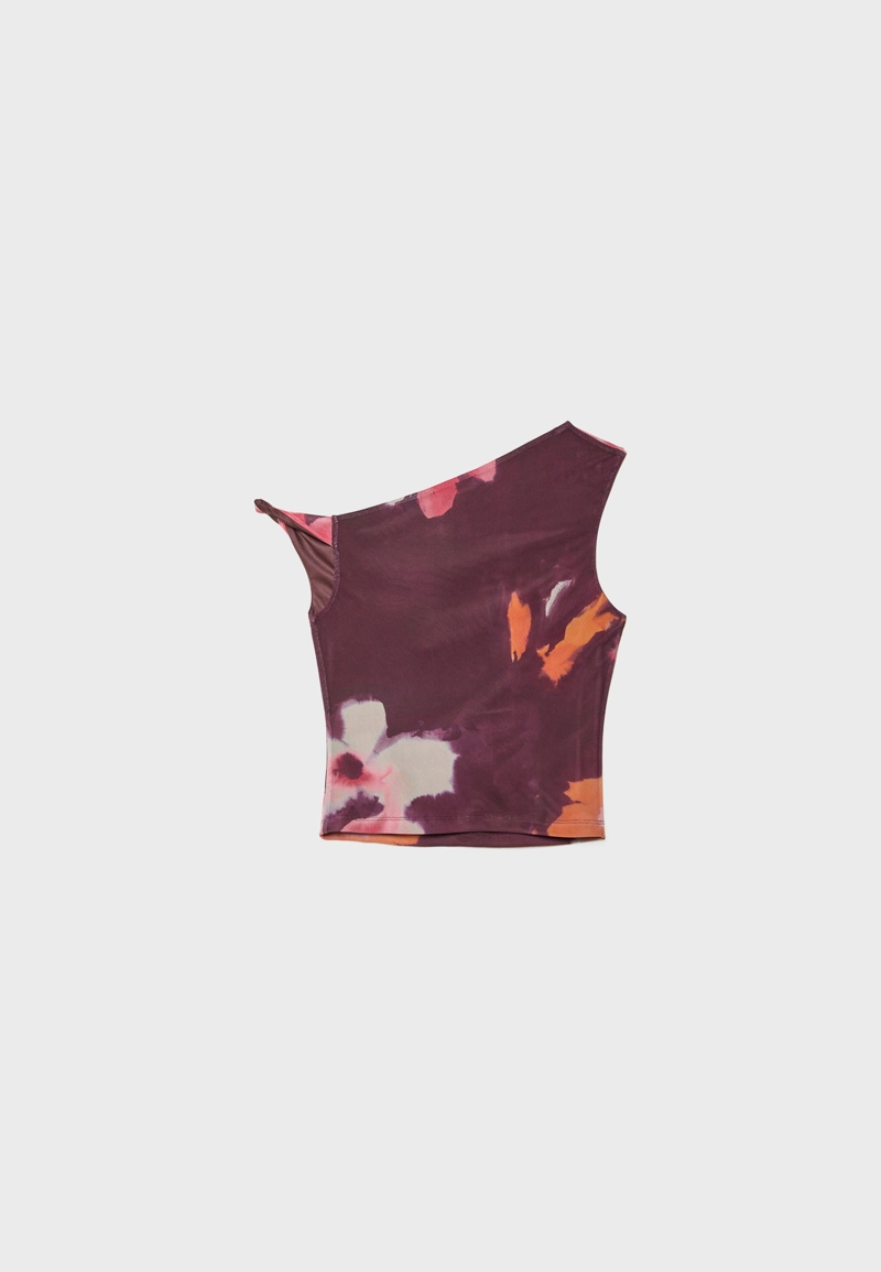 Асимметричная футболка из полупрозрачной ткани с принтом