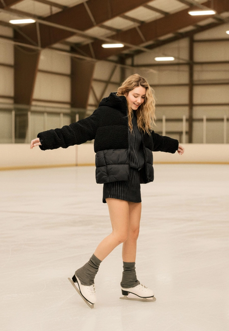 Стеганое комбинированное пальто с отделкой под овчину