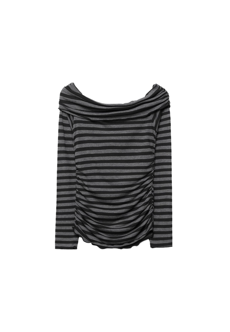 Футболка в полоску с открытыми плечами и сборками