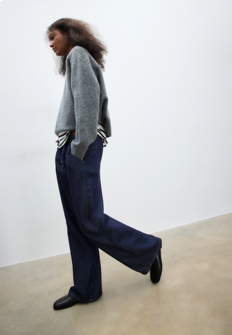 D35 Струящиеся джинсовые брюки на шнурке