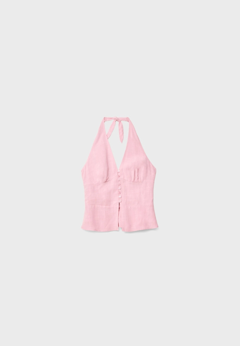 Топ с горловиной халтер, пуговицами и эффектом льна