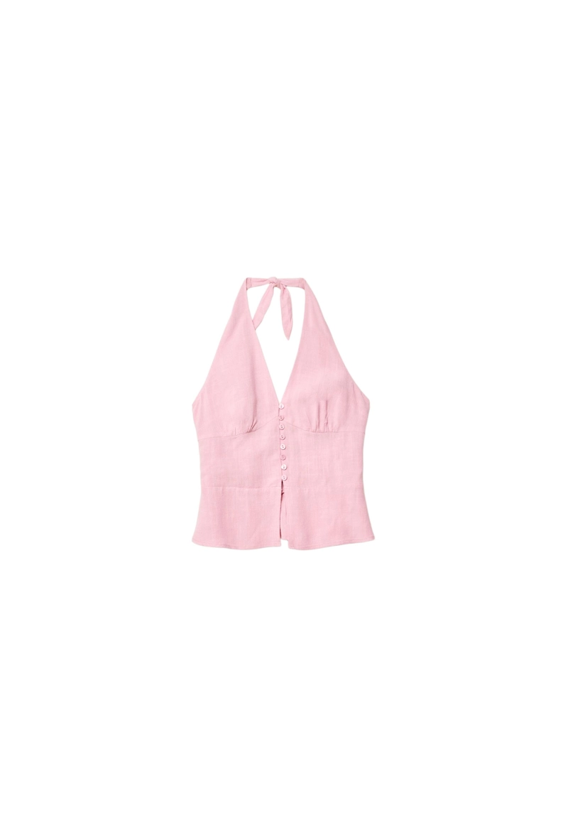 Топ с горловиной халтер, пуговицами и эффектом льна