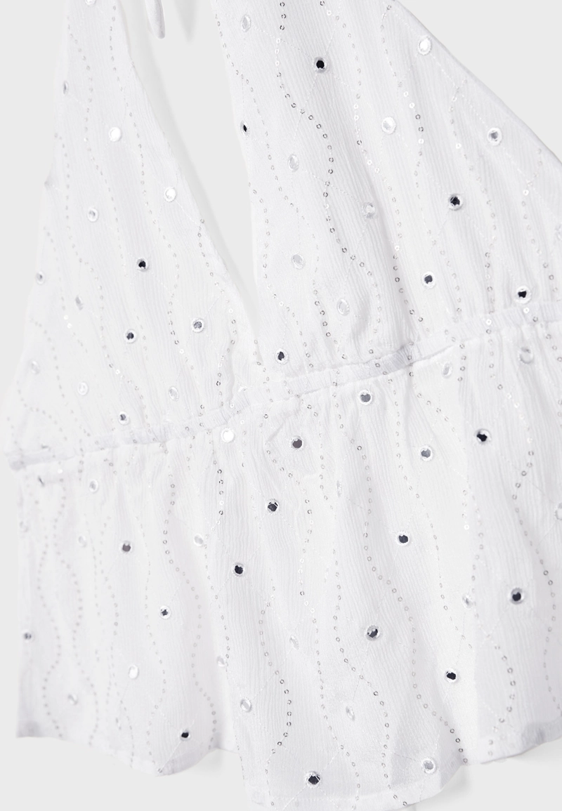 Легкий топ с горловиной халтер и блестящей отделкой