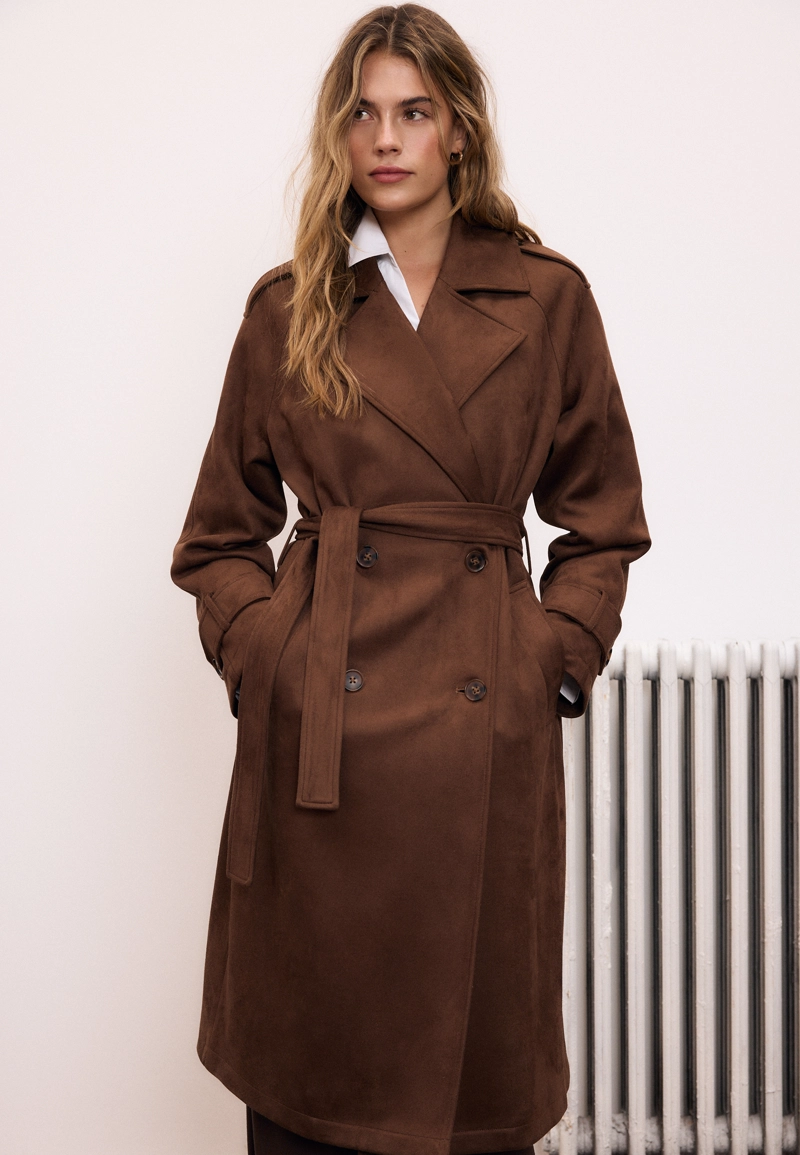 Длинный тренч из искусственной замши