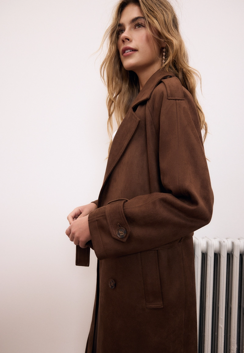 Длинный тренч из искусственной замши