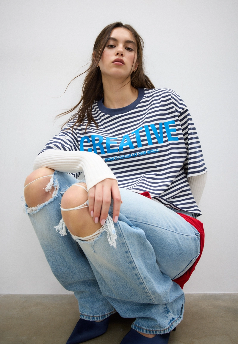 Футболка с короткими рукавами, в полоску, с принтом