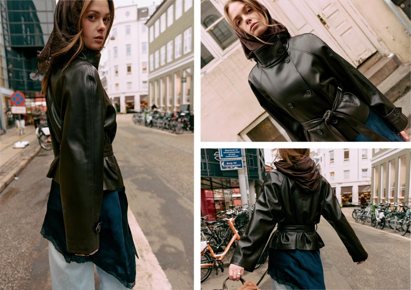 Тренч из искусственной кожи с высоким воротником