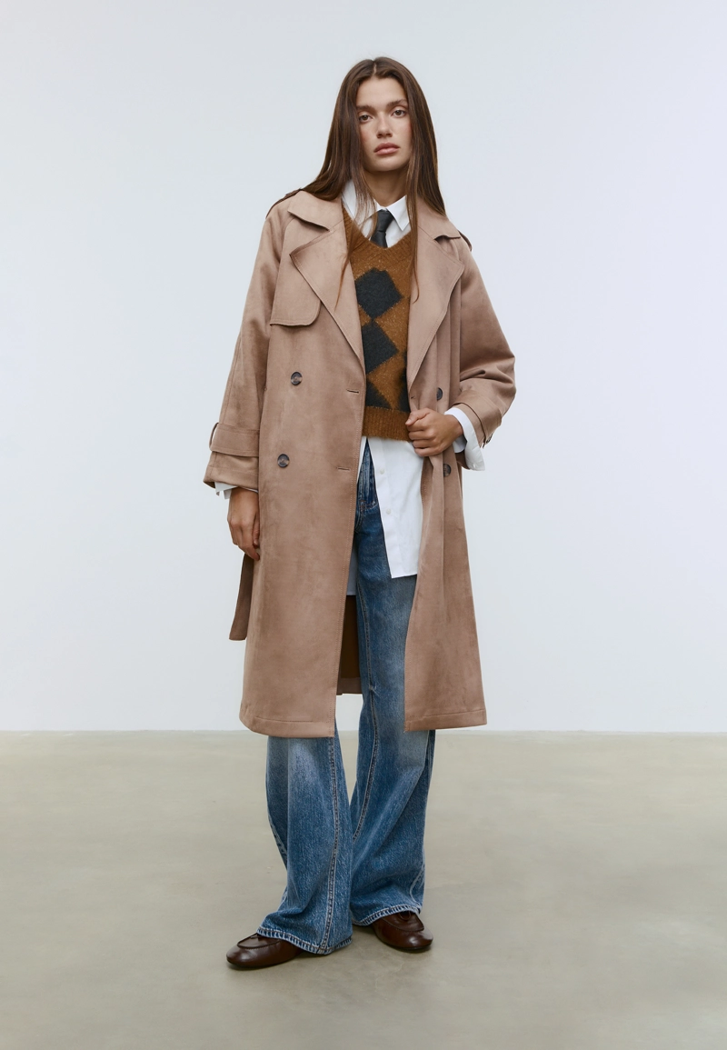 Длинный тренч из искусственной замши