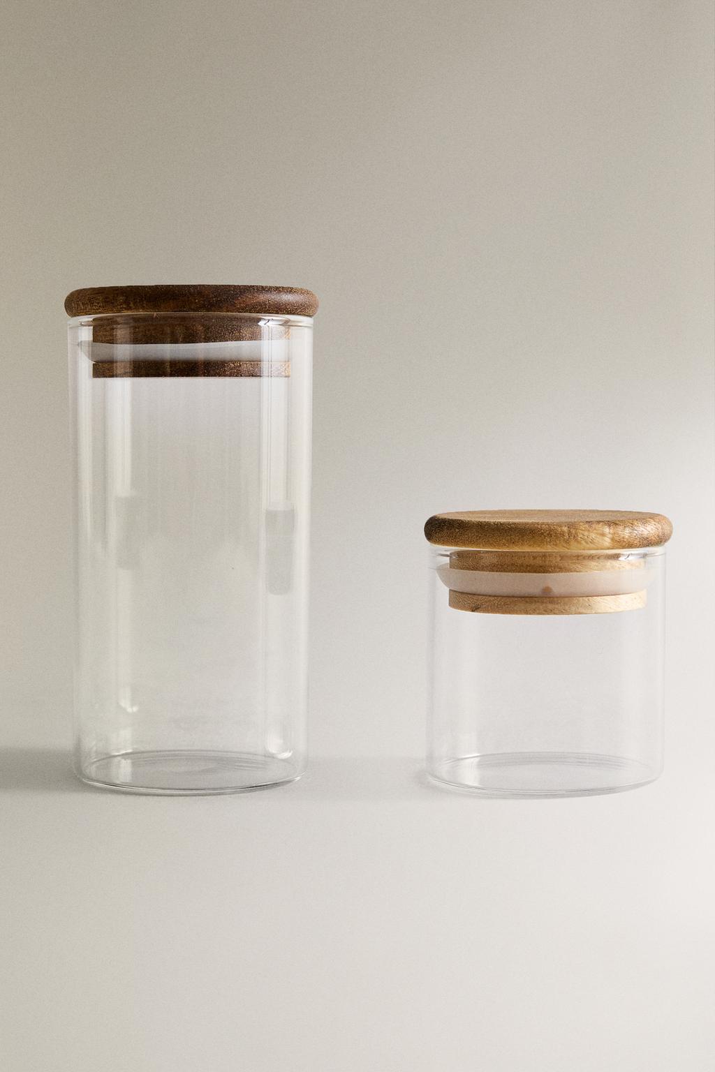 Стеклянная банка для кухонного хранения с деревянной крышкой
