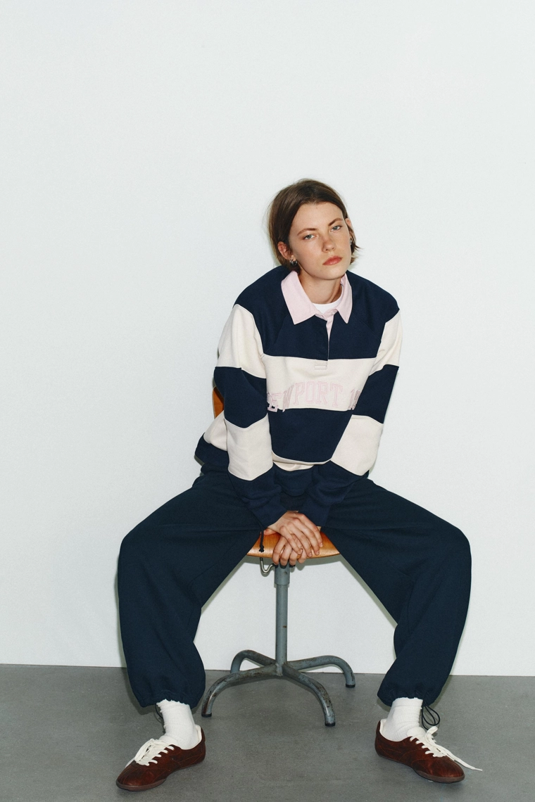 STRIPED POLO SWEATSHIRT WITH SLOGAN