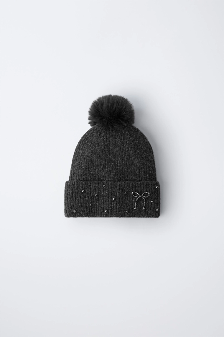 ТРИКОТАЖНАЯ ШАПКА С БЛЕСКОМ, ПОМПОНОМ И ШЕРСТЬЮ