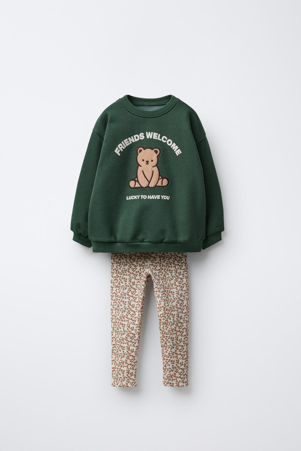 BEAR SWEATSHIRT AND RIBBED FLORAL LEGGINGS SET