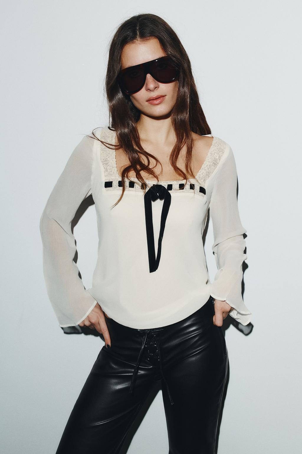 БЛУЗКА ИЗ ЖОРЖЕТА С КРУЖЕВОМ И БАНТОМ