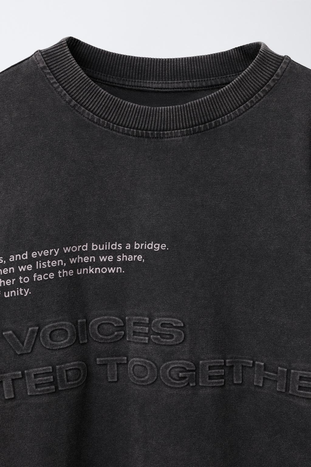 FADED-EFFECT T-SHIRT WITH DOUBLE SLEEVES AND RAISED SLOGAN