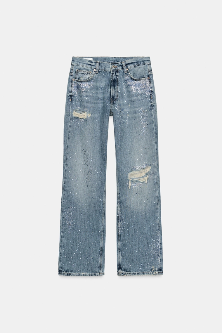 ДЖИНСЫ TRF WIDE-LEG С НИЗКОЙ ПОСАДКОЙ, РАЗРЕЗАМИ И СТРАЗАМИ