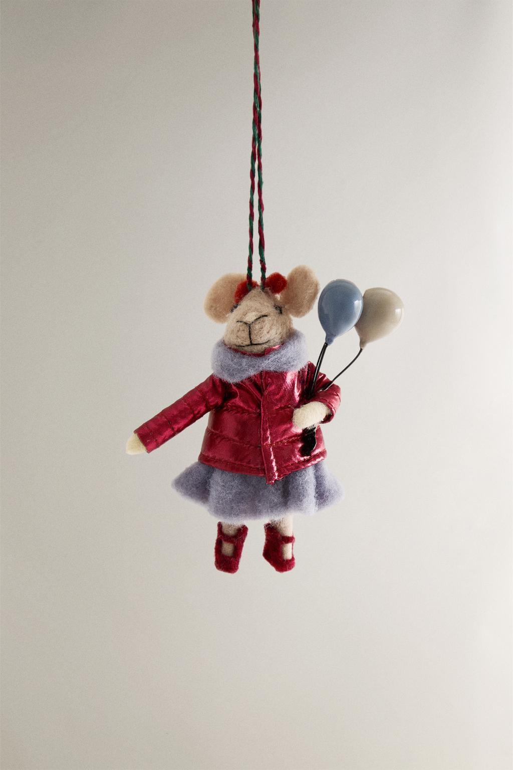 Елочное украшение из шерсти мышка с воздушными шариками